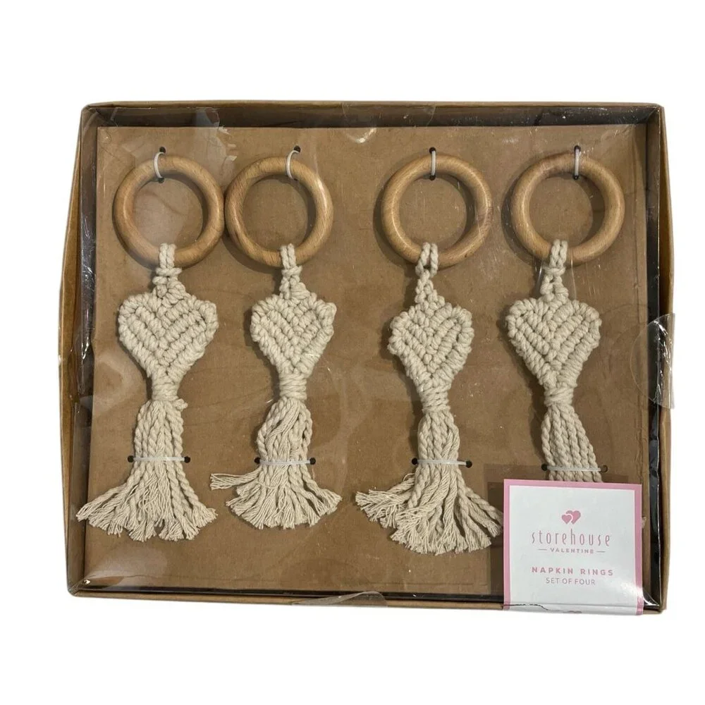 Storehouse Napkin Ring‎ Set Heart Shaped Macrame Yarn & Wood Boho Hippie Love